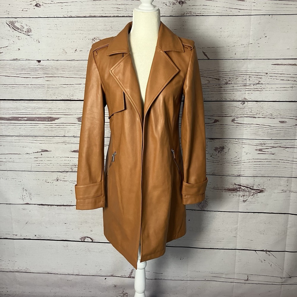 Bagatelle Trench Coat Womens Sz S Brown Open Front Mid Length Exaggerated Collar